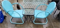 PR VINTAGE STYLE METAL CHAIRS, GLASS TOP SIDE TABL