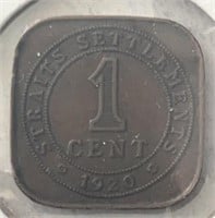 1920 Straits Settlement 1 Cent Square Coin