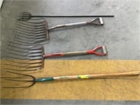 Two corn rakes, pitch fork, spearfish fork.