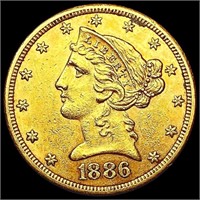 1886-S $5 Gold Half Eagle CHOICE AU