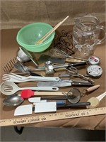 Kitchen hand tools, sugar print pitcher, strainer