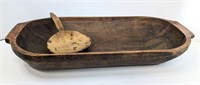Primitive Hand-Hewn Wooden Bowl And Paddle