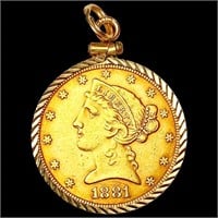 1881 US $5 Gold Eagle w/ Gold Bezel CHOICE AU
