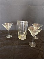 Clear Glass Pitcher, 3 martini glasses