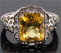 ORNATE STERLING SILVER INSET YELLOW STONE RING