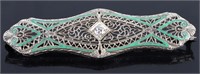 ANTIQUE 14K GOLD DIAMOND GREEN ENAMELED BROOCH