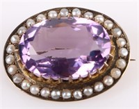 ANTIQUE 9K YELLOW GOLD AMETHYST & PEARL BROOCH