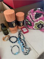 Soy candles and assortment of fashion jewelry and