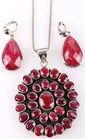POLISHED RUBY 925 SILVER EARRINGS & NECKLACE