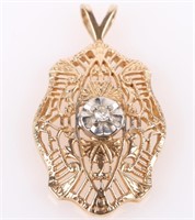 ANTIQUE DIAMOND CENTER 10K GOLD FILIGREE  PENDANT