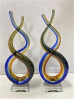 2 Hand Blown Wave Sommerso Art Glass Sculpture