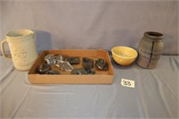Tin Cookie Cutters & 3 Stoneware Pieces