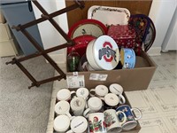 Coffee mugs, assorted tins, serving trays, etc.