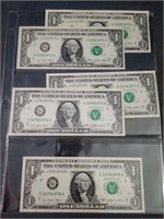 Five Consecutive USA $1. Bank Notes