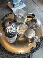 Silver plated tray, early salt shaker tin, etc.
