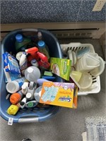 Cleaning supplies w/ clothes basket, etc.