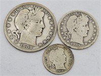 (3) Barber 90% Silver Coins 1909, 1909, 1912