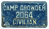 ANTIQUE LICENSE PLATE - CAMP CROWDER