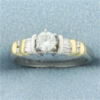 Round and Baguette Diamond Engagement Ring in 14k