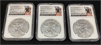 (3) 2017 SILVER AMERICAN EAGLES, 1st DAY ISSUE,