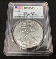 2021 SILVER AMERICAN EAGLE, TYPE 2 MS70