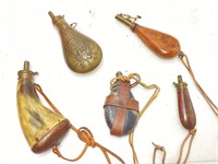 (5) ASSORTED POWDER HORNS, BRASS, HORN, WOOD