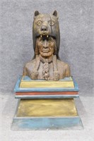 Carved Native American Bust with Bear Headdress