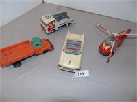 4 Tin Toys - Car, trucks & Helicopter