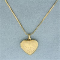 Butterfly and Rose Etched Heart Locket Necklace in