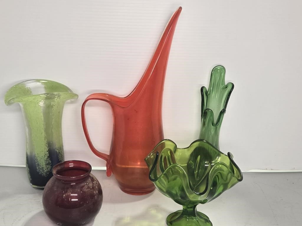 MID CENTURY ART GLASS AND COLORED GLASS
