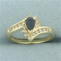 Pear Sapphire and Diamond Ring in 14k Yellow Gold