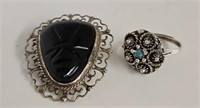 Sterling & Onyx Brooch/Pendant & Turquoise Ring