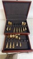 43) Pc Gold Plated Korea Silverware w/ Wooden