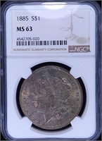 1885 Morgan Dollar - MS63 NGC Rainbow Toner