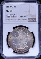 1885-O Morgan Dollar - MS63 NGC Rainbow Rim Toner
