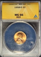 1958-D Lincoln Cent - ANACS MS66 RED GEM