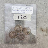 4- Silver 1942 Canadian fifty cent coins
