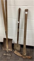 Garden tools, pick axe, 2 shovels, hoe (4 pc)