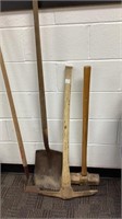 4 pc tools, flat head shovel, mallet, pick, hoe