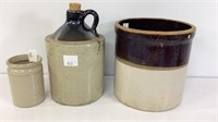 Pottery crock ( has repair), handled jug and
