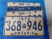4 ONTARIO LICENCE PLATES - 1972, 1973, 1974, 1975