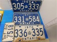 5 ONTARIO LICENCE PLATES - 1969, 2-1970, 1971,