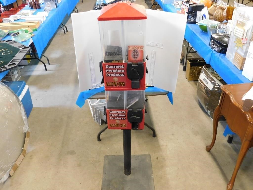 DOUBLE GUMBALL CANDY MACHINE ON CAST STAND 59"H