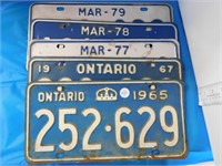 5 ONTARIO LICENCE PLATES - 1965, 1967, 1977