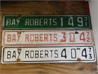 3 BAY ROBERTS LICENCE PLATES 1971, 1972, 1973