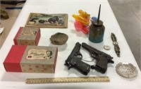 Misc lot w/ toy guns, watch & pictures