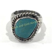 Unmarked Silver Tone Turquoise Ring Sz 10.5