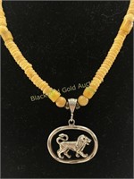 Beaded Necklace With Unmarked Lion Pendant