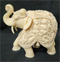 Ornate Hand Carved Asian Resin Elephant Decor