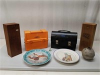 Eclectic Lunch Pail, Plate, Wood Box Collector Lot